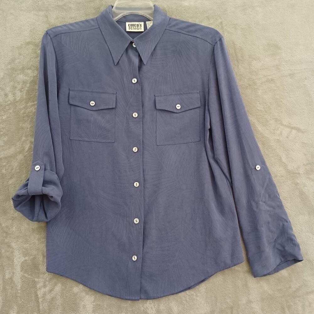 Chicos Sz M Shirt Coastal Preppy Silk Purple Utility Button Up Tropical RollTab